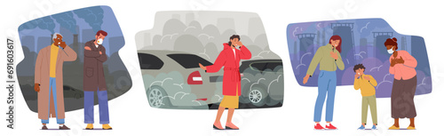 Characters In Gloomy Cityscape Wear Protective Masks, Their Faces Reflecting Sadness Amid Thick Air Pollution