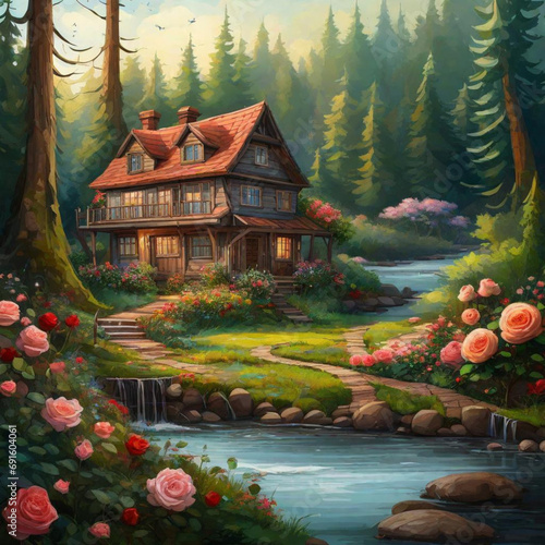 Casa na floresta com um rio  photo