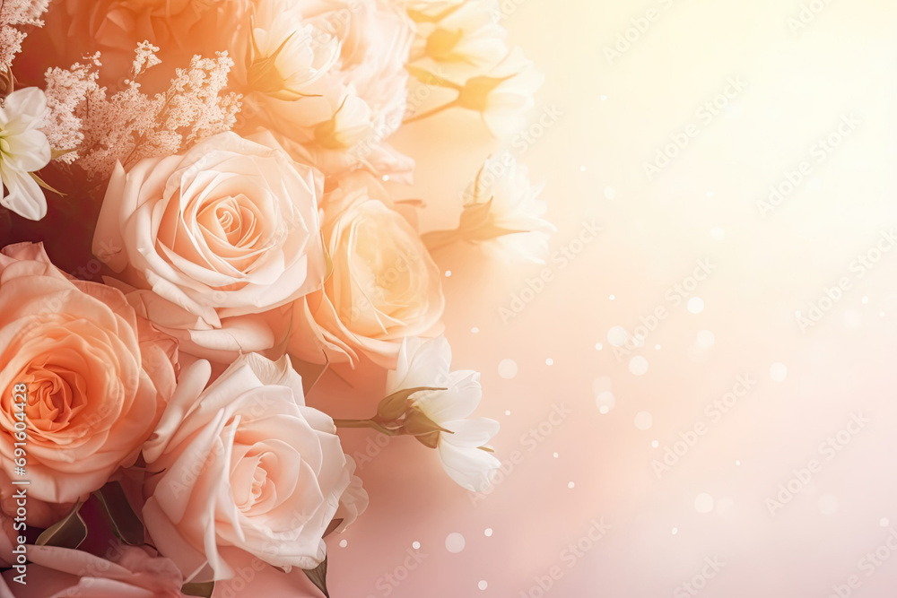 Fototapeta premium fresh flowers background illuminated by the sun for valentine's day and 2/3 of the free space on the right for the text. the peach shade of photo.