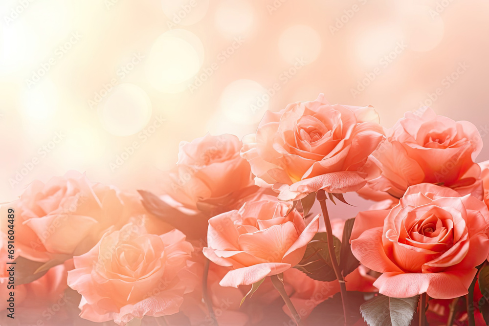 background of beautiful roses illuminated by sun rays for Valentine's day and  space for text. peach shade photos