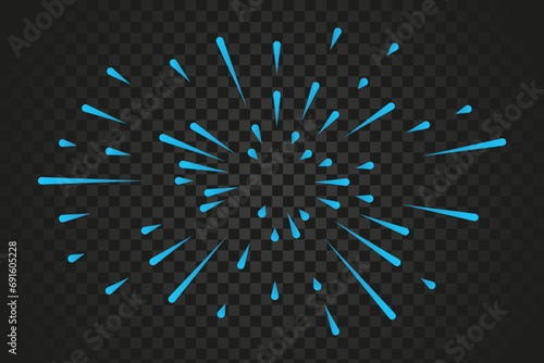 Radial splash on transparent background. Water splashes. Abstract explosion lines in blue colors. Vector illustration