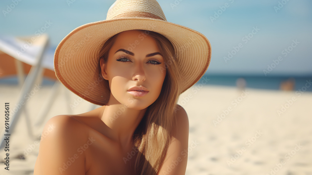 Beautiful caucasian woman tanning skin on beach