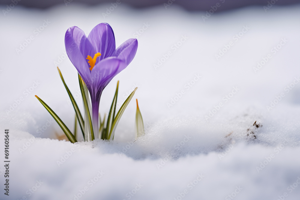 Single Purple Crocus Flower Sprouting from Snowy Ground. Single Purple Crocus Flower Sprouting from Snowy Ground.