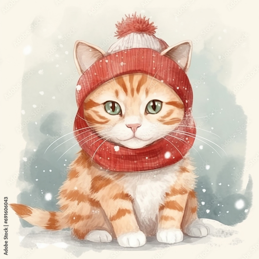 - 5 white kitten with pink scarf and hat, watercolor, generative AI - 5 white kitten with pink scarf and hat, watercolor, generative AI