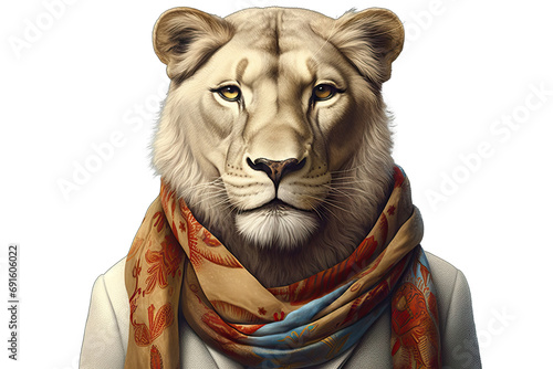 ai design white isolated couture haute clothing art clothes suit wild person head cute wildlife character lioness portrait face animal illistration lion wearing designer jacket high fashion photo