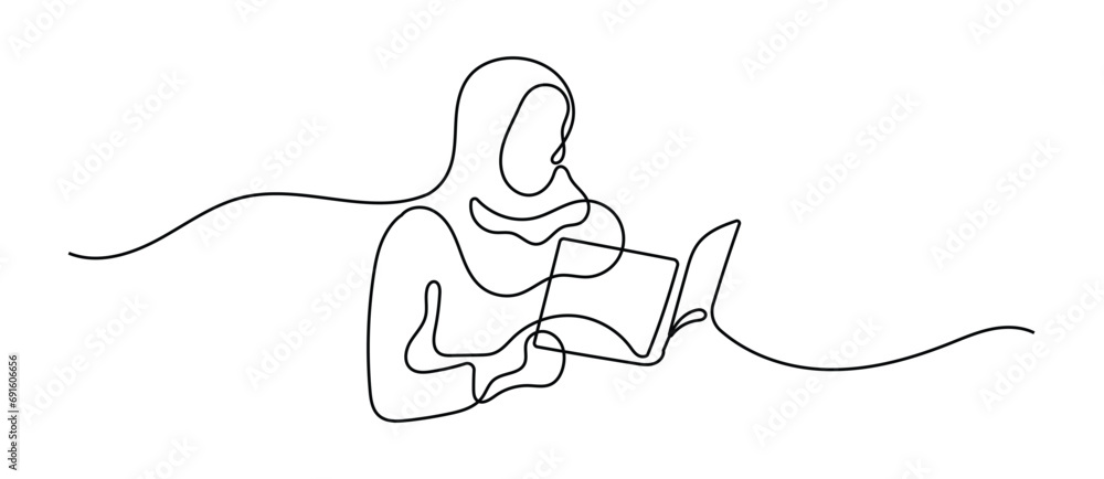 Hijab Woman Reading a Book Oneline Continuous Single Line Art Editable Line