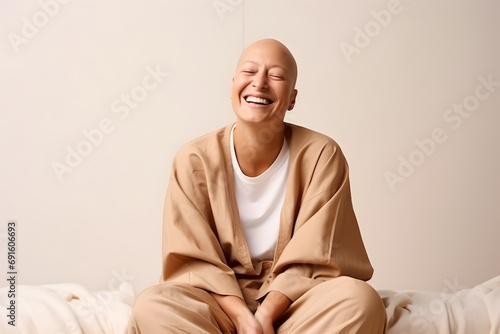 Portrait of caucasian bald woman, alopecia and cancer awareness