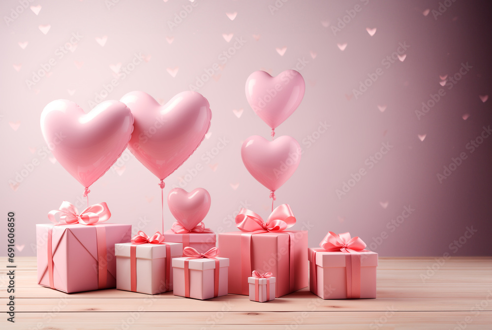 Gift boxes with pink heart-shaped balloons 