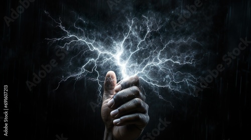 Hand holding a bolt of electricity. Created using Ai technology. photo