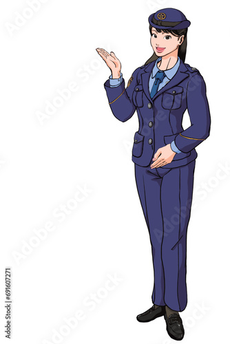 笑顔でご案内する若い女性警察官_ズボン