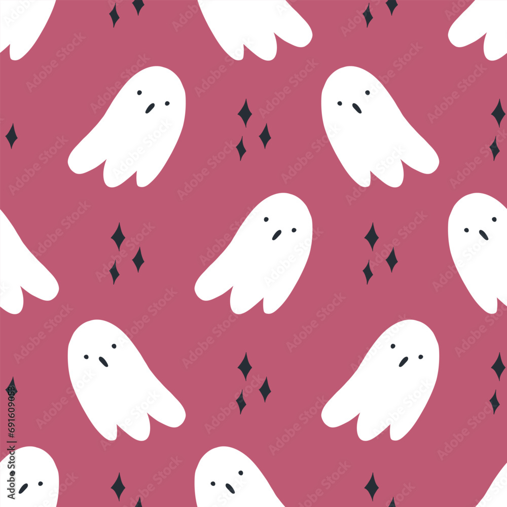 Cute hand drawn ghost seamless pattern on pink background. Funny Halloween pattern with cartoon ghosts. Autumn holiday celebration. Great for wrapping paper. Cute hand drawn ghost seamless pattern on pink background. Funny Halloween pattern with cartoon ghosts. Autumn holiday celebration. Great for wrapping paper.