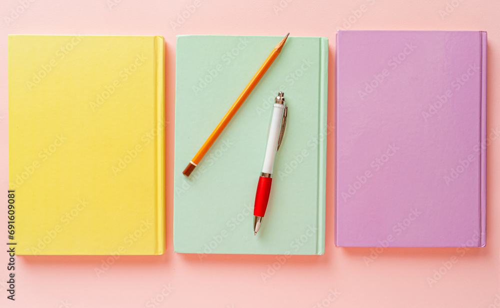 Copybook Mockup, Pink Notebook on Office Desk with Copy Space for Text, Moleskin Template Copybook Mockup, Pink Notebook on Office Desk with Copy Space for Text, Moleskin Template