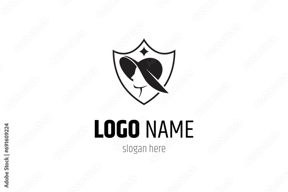 Ladies logo and hat with shield combination in flat design Ladies logo and hat with shield combination in flat design