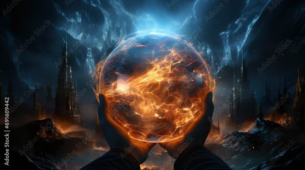Hands holding an energy ball. Created using Ai technology. Hands holding an energy ball. Created using Ai technology.