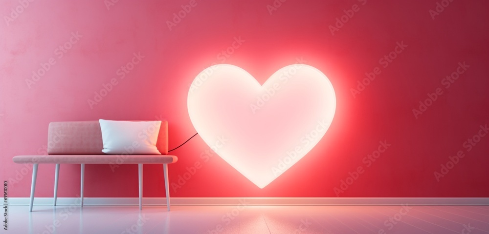 A radiant red heart-shaped neon light glowing softly on a pastel pink wall, creating a romantic and cozy atmosphere.
