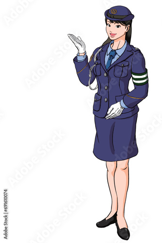 笑顔でご案内する若い女性警察官_交通腕章あり