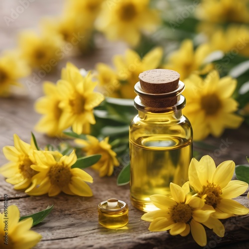 Yellow Flower Essential Oils with Perfume Bottle