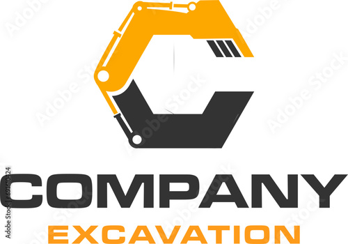 latter c and excavator, land clearing machine logo vector