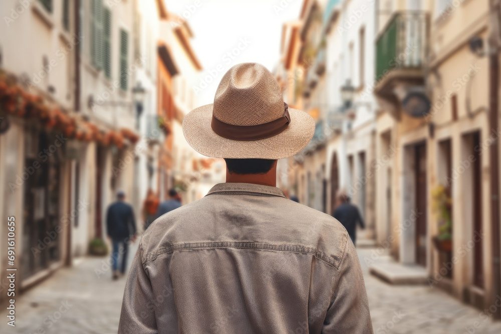Tourist in Timeless European Alleyway Landscape Tourist in Timeless European Alleyway Landscape