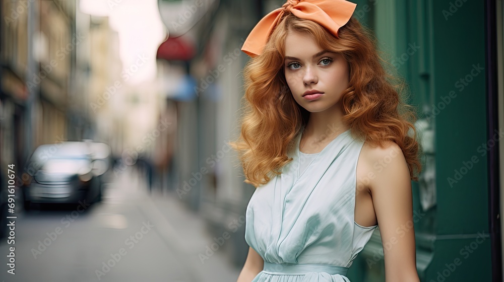Fashionable beauty in a bright summer dress on the city street. Stylish young woman. Modern style. Frozen dynamics. Fashion concept for a magazine about beauty and fashion. Illustration for design.