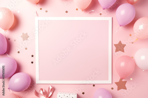 Birthday card mockup. Flat lay style. Copy space for text. Festive greeting card. Mothers day background top view. 