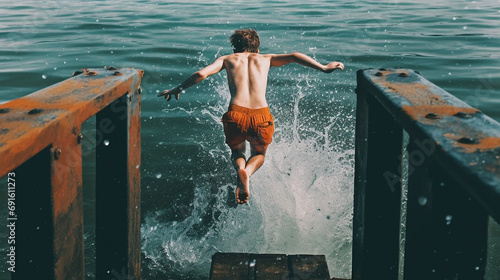Young male having fun jumping to the sea in his holidays 