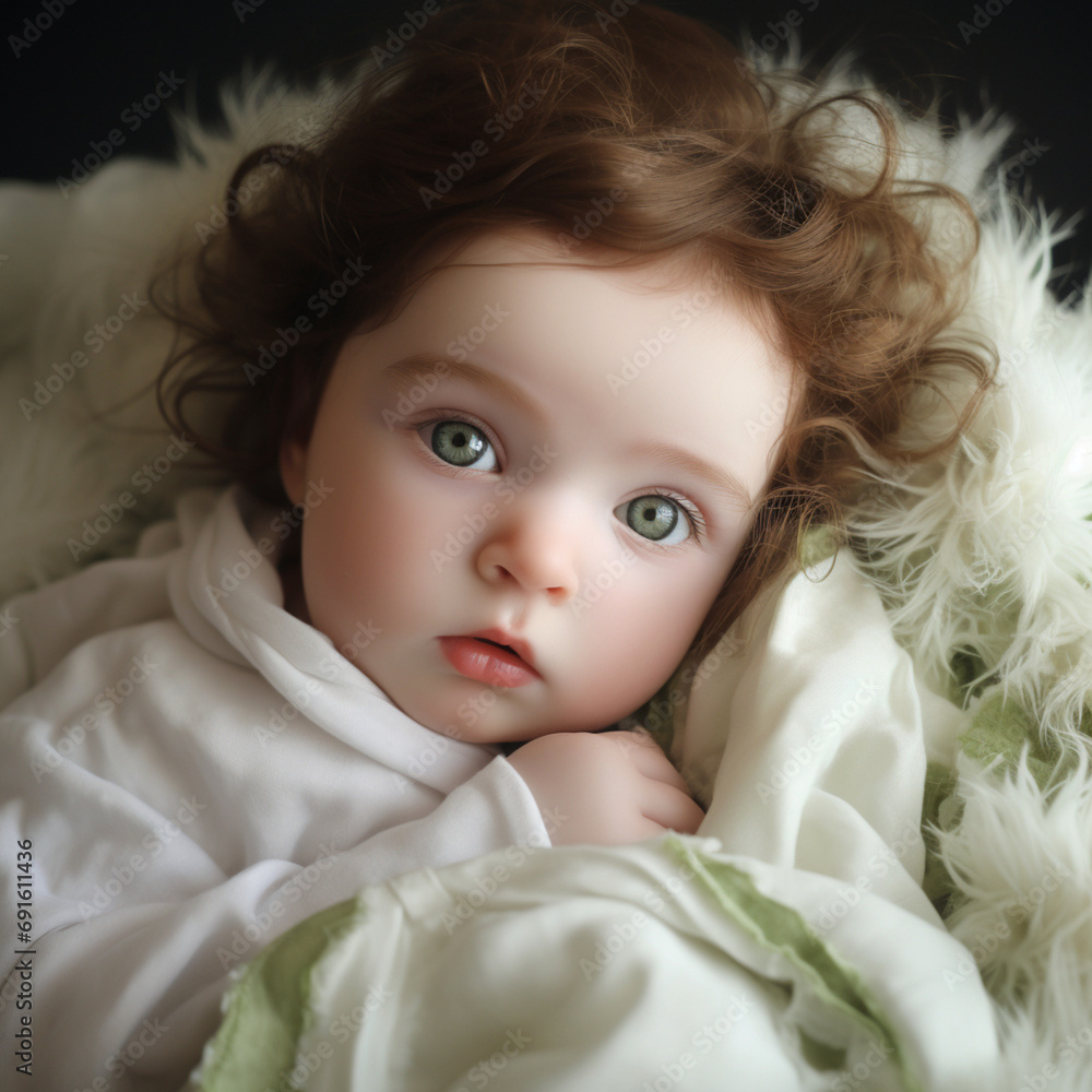 a newborn cute baby girl with green eyes and white skin with black eyelashes and hair