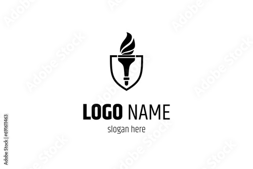 Torch logo with shield combination in flat design concept