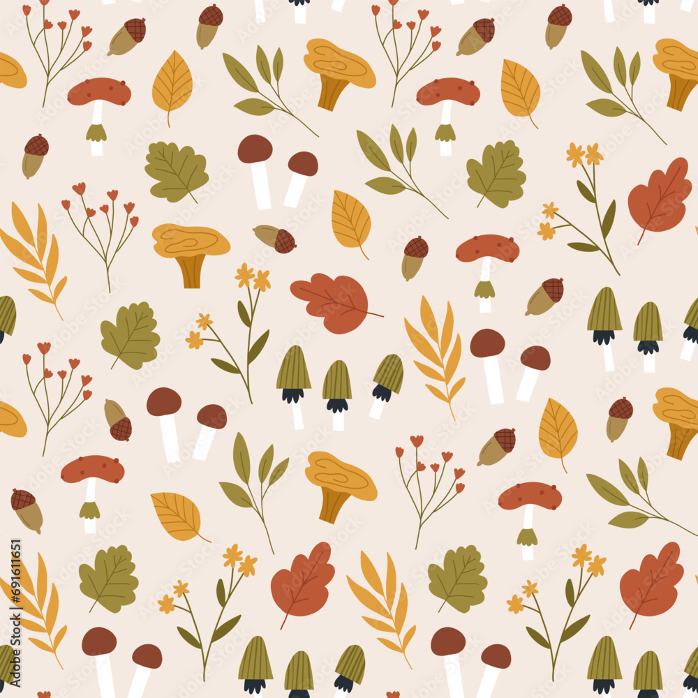 Autumn seamless pattern with leaves, flowers, mushrooms and acorn. Beige background with cute hand drawn fall botany elements.