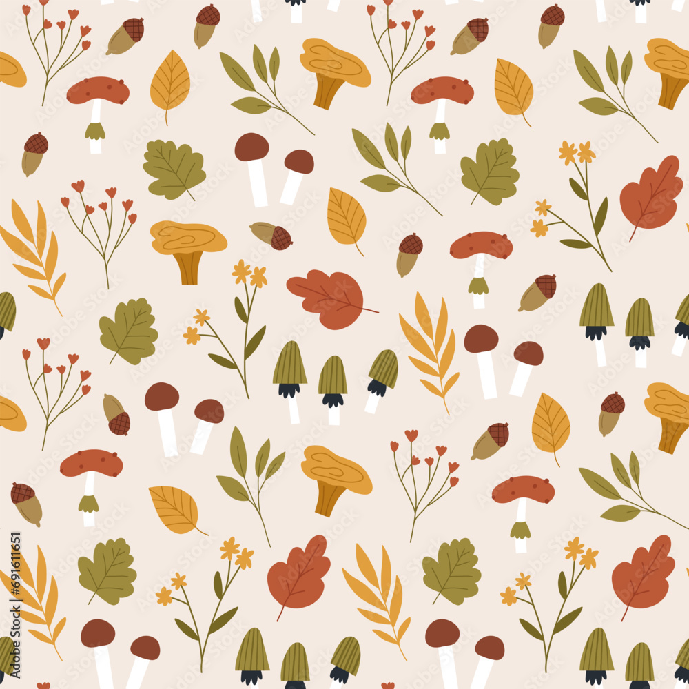 Fototapeta premium Autumn seamless pattern with leaves, flowers, mushrooms and acorn. Beige background with cute hand drawn fall botany elements.