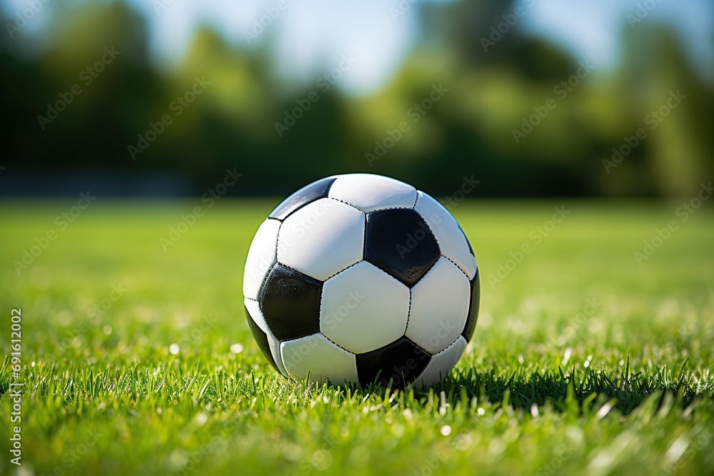 Fototapeta premium Classic Black and White Soccer Ball Energizes Green Grass, Promoting Active Lifestyle, Amateur Football, Street Soccer, and Youthful Activity in Summer Camp. created with Generative AI