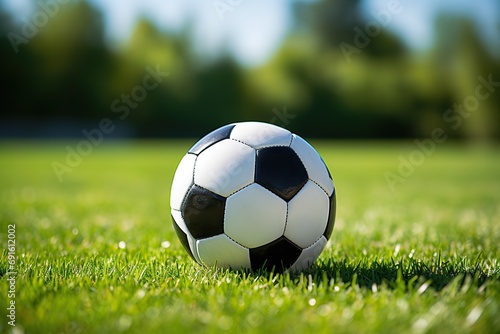 Classic Black and White Soccer Ball Energizes Green Grass, Promoting Active Lifestyle, Amateur Football, Street Soccer, and Youthful Activity in Summer Camp. created with Generative AI © photobuay