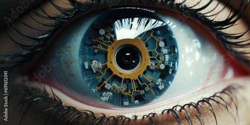 Close up of a sci-fi cyborg eye. Futuristic human eye technology - digital iris #691612041