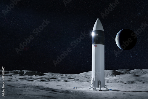 Starship spacecraft on Moon surface. Artemis space mission. Elements of this image furnished by NASA. photo