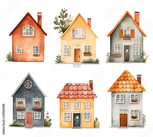 Set of watercolor scandinavian houses. Cute childish european buildings. Trendy scandi vector elements
