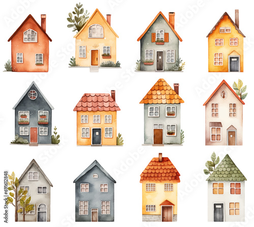Set of watercolor scandinavian houses. Cute childish european buildings. Trendy scandi vector elements