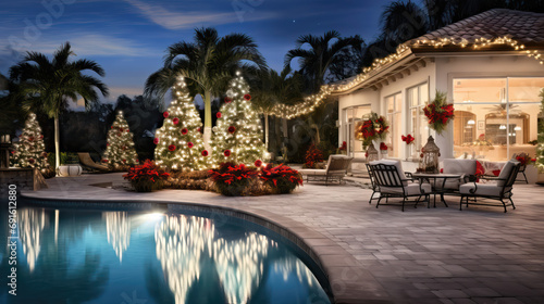 Backyard Pool Decorated for Christmas with Trees and Lights 