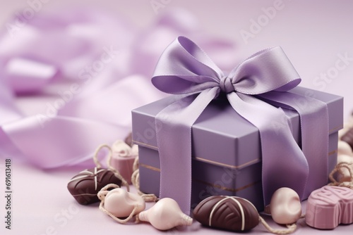 A box of assorted chocolates with a ribbon on a lavender background. sweet © Riffat