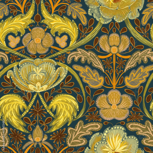 Seamless pattern, ornament with leotard and cinquefoil, flowers and leaves on a gray and brown background in Morris style. Large format. Digital illustration. Suitable for interior, wallpaper, fabrics photo
