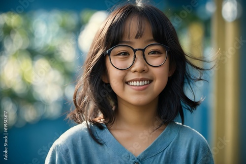 asian girl with big eye glasses isolated blue background