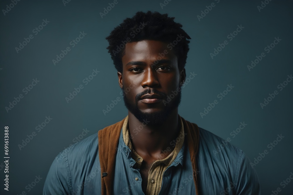 Fototapeta premium Bold Elegance: Handsome African American Man Poses on Isolated Blue Background