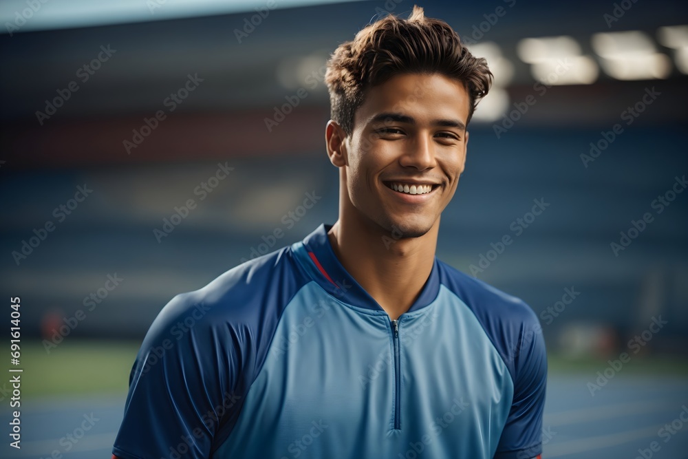 Portrait of smiling young man of athletic build in sports uniform isolated on blue background