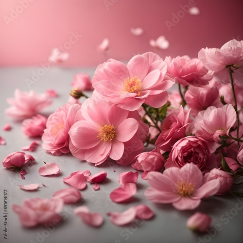 Pink Elegance  Exquisite Pink Flowers and Fluttering Petals on Soft Pink Background