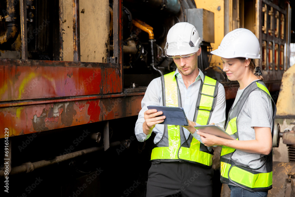 Young caucasian engineer man and woman checking train with tablet in station, team engineer inspect system transport, technician examining infrastructure, transportation and industry. Young caucasian engineer man and woman checking train with tablet in station, team engineer inspect system transport, technician examining infrastructure, transportation and industry.