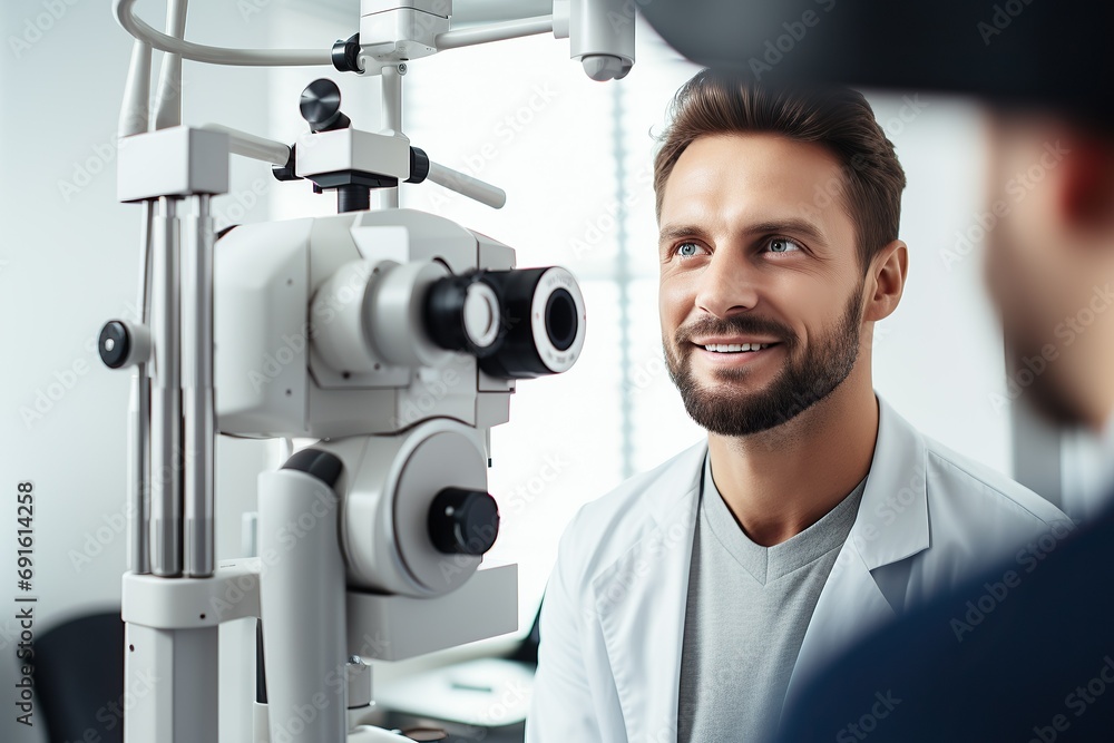 An optometrist with a friendly demeanor prepares for an eye examination in a modern clinic An optometrist with a friendly demeanor prepares for an eye examination in a modern clinic