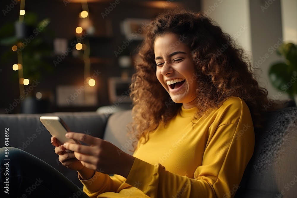 Joyful Victory Young Woman Celebrates Online App Game Win, Relaxing on Couch with Mobile Phone. created with Generative AI Joyful Victory Young Woman Celebrates Online App Game Win, Relaxing on Couch with Mobile Phone. created with Generative AI
