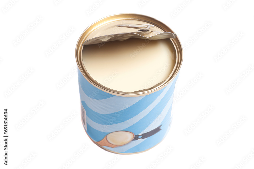Opened Condensed milk tin can isolated on white Opened Condensed milk tin can isolated on white
