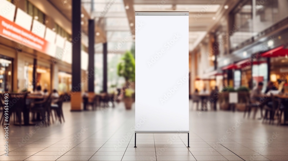 rollup mockup poster stand in an shopping center restaurant mall environment as poster stand banner design with blank empty copy space area