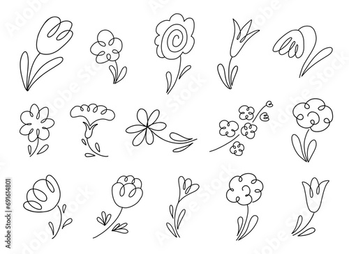 Black line doodle flowers set. Hand drawn vector illustration collection isolated on white background.