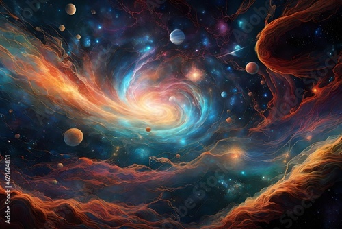 Witness a nebulous scene across the cosmic canvas, where galactic threads weave a mesmerizing tapestry with a touch of realism